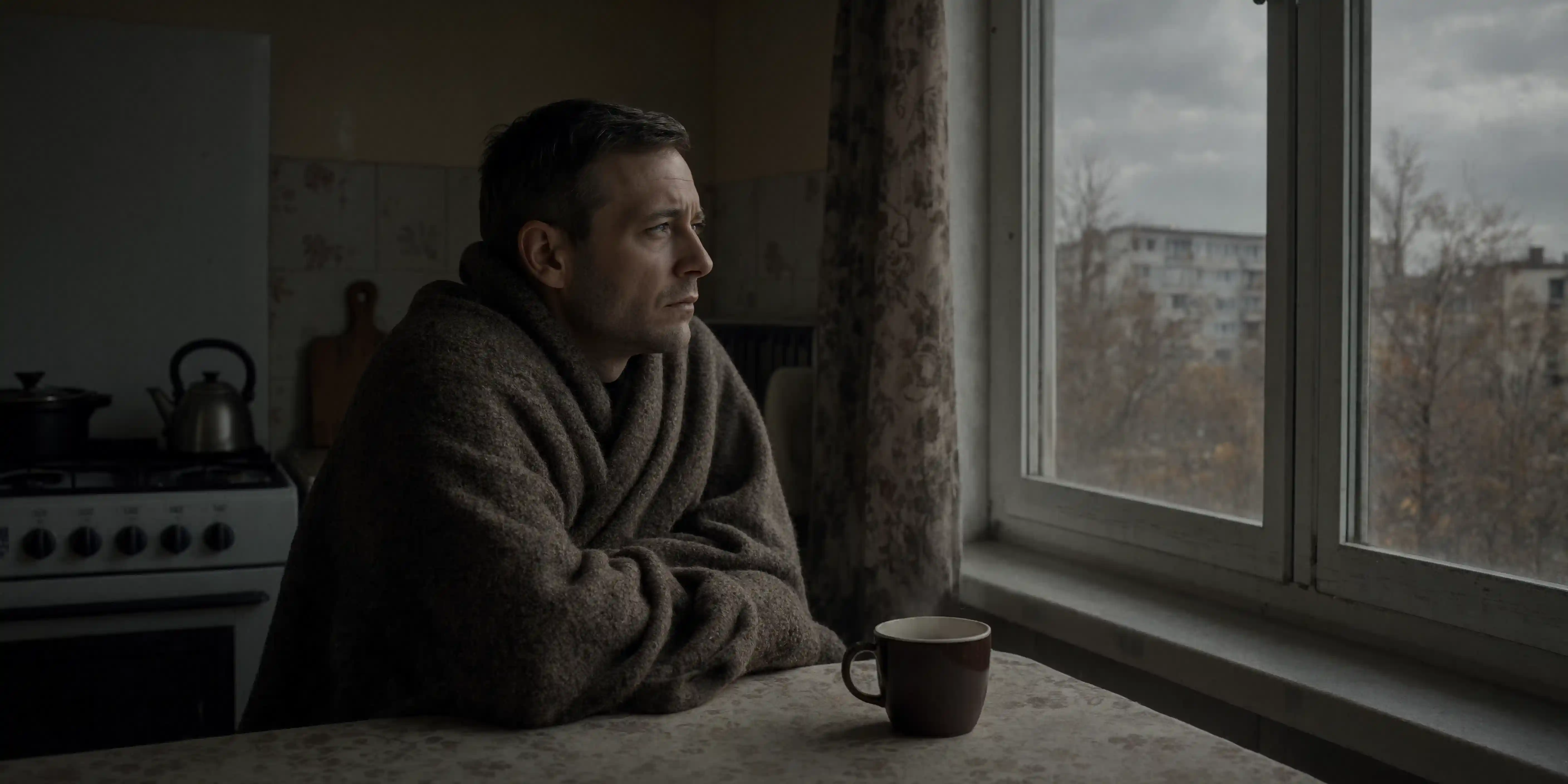 Мужчина осенью сидит на кухне и размышляет о том, как избежать срыва